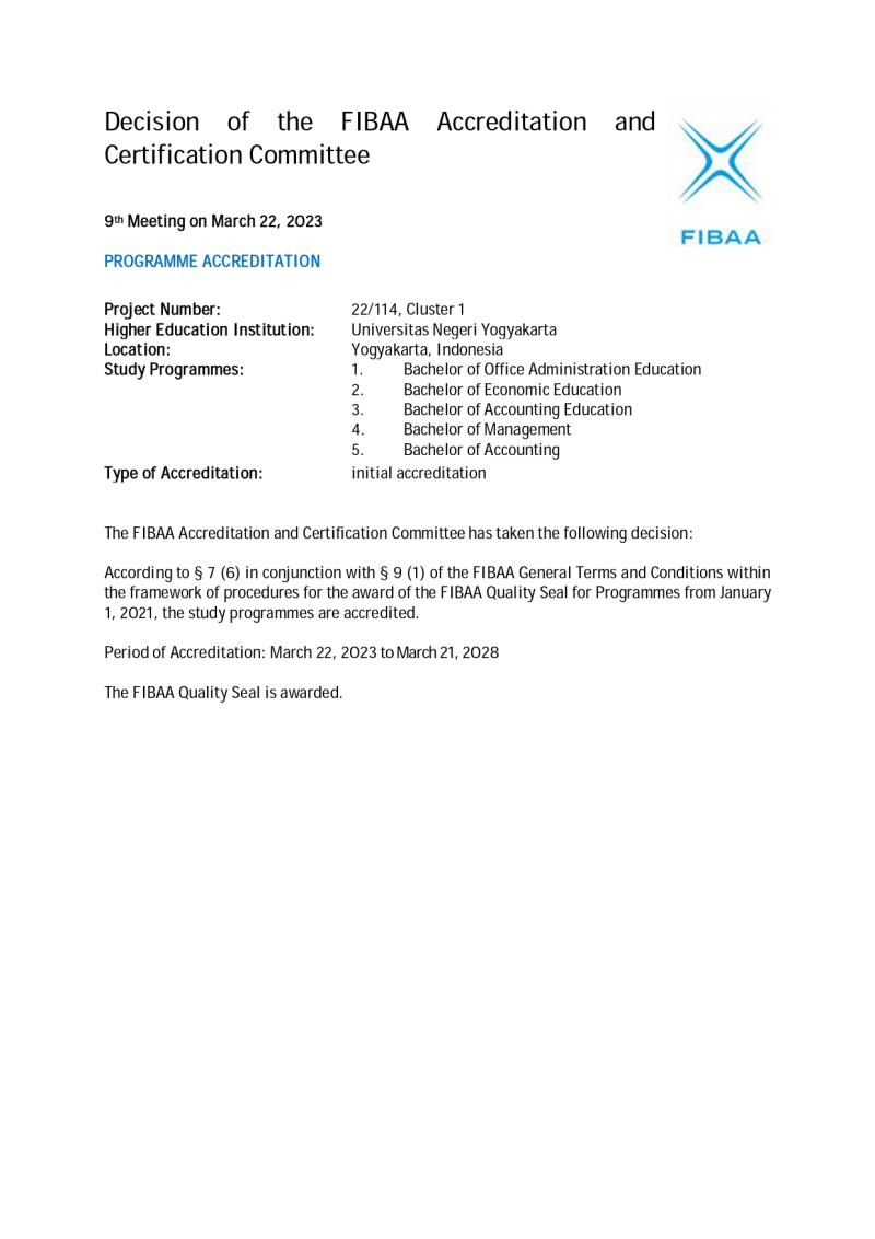 Surat Keputusan Akreditasi dan Sertifikasi dari FIBAA